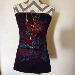 Women's Size Medium Palm Trees Beach Sunset Long Tunic Tubetop Black Burgundy